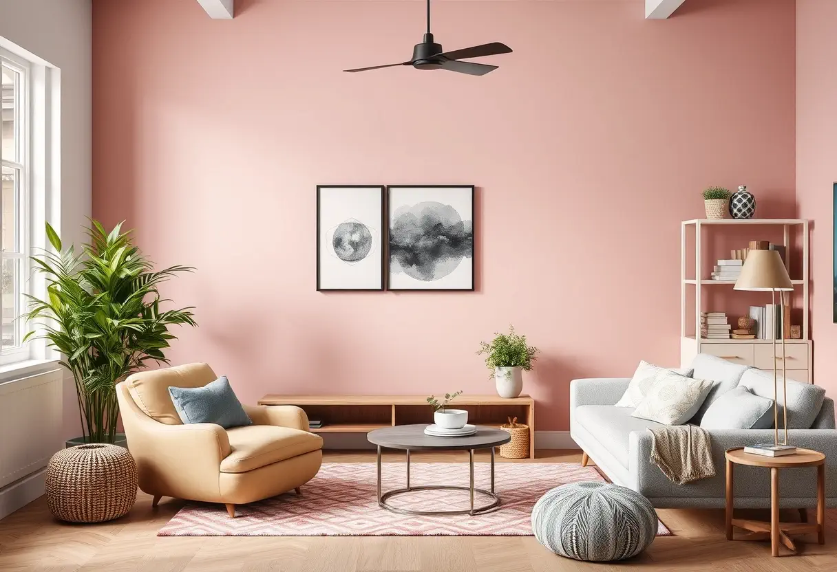 Edison NJ modern living room with pink paint